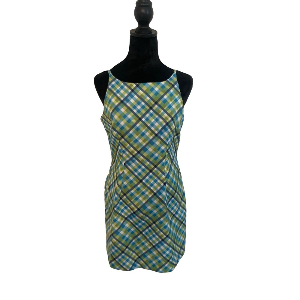 Vintage Y2K Breakin Loose Plaid Mini Dress Green Blue White Square Neck Size 7/8